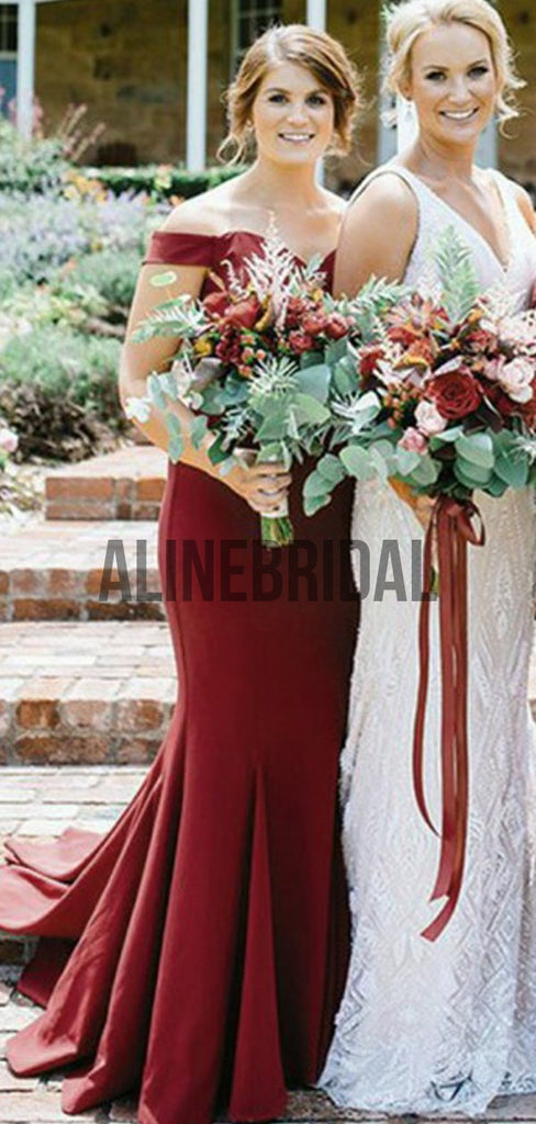 Burgundy Jersey Off Shoulder Mmermaid Long Bridesmaid Dresses, AB4028
