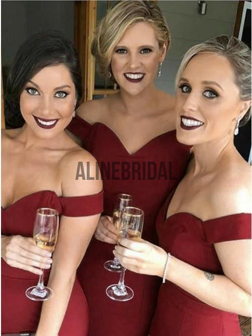 Burgundy Jersey Off Shoulder Mmermaid Long Bridesmaid Dresses, AB4028