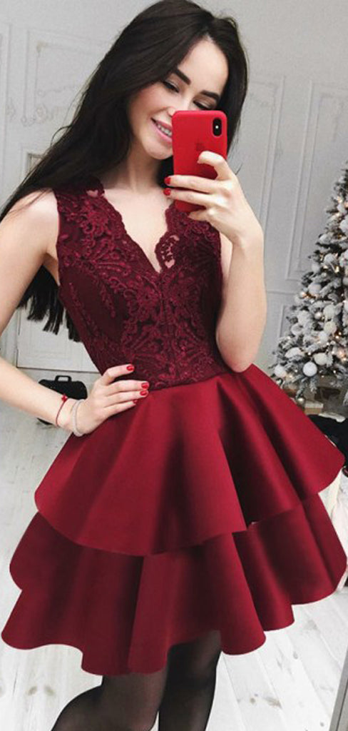 Burgundy Lace Satin Tiered Sleeveless V-neck Homecoming Dresses,HD0029