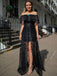 Charming Black Lace Off Shoulder Front Slit A-line Prom Dresses.PD00269