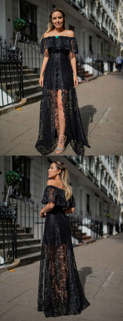 Charming Black Lace Off Shoulder Front Slit A-line Prom Dresses.PD00269