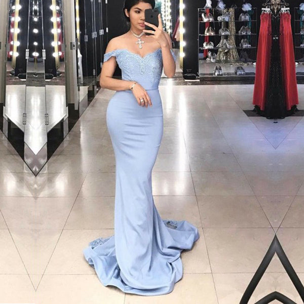 Charming Blue Lace Off Shoulder Mermaid Long Prom Gown Dresses,PD00042