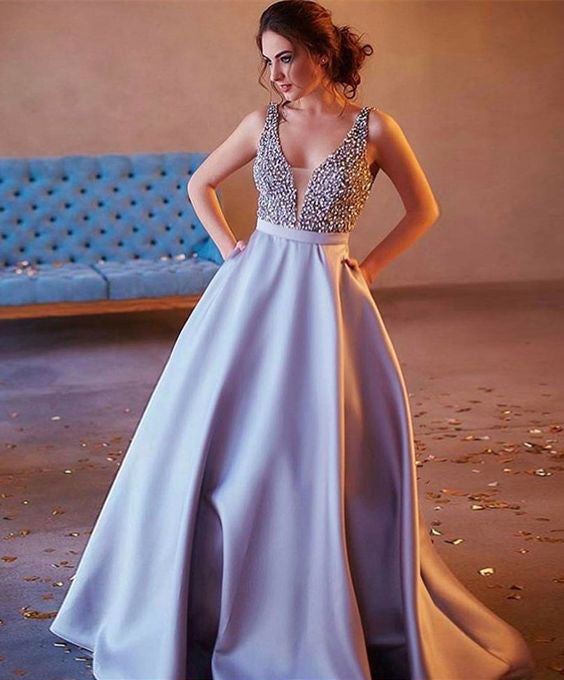 Custom Charming V-neck Sexy Popular A-line Sparkly Ball Gown Long Prom Dresses,PD0095