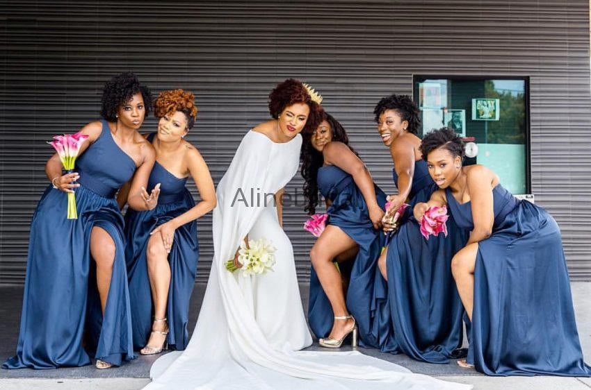 Dark Blue One Shoulder Silt Simple Bridesmaid Dresses, AB4039