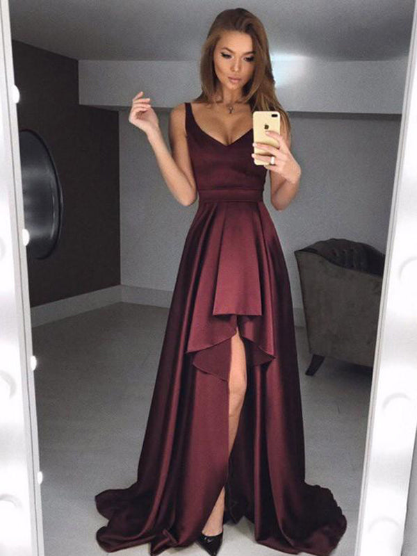 Dark Burgundy Soft Satin High Low Sleeveless Long Prom Dresses ,PD0152
