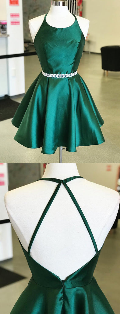 Dark Green Satin Spaghetti Strap Halter Open Back Homecoming Dresses,HD0044