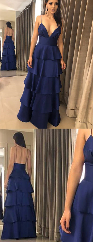 Dark Royal Blue Spaghetti Strap Tiered High Waist Prom Dresses,PD00379