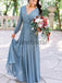 Dusty Blue Chiffon Long Sleeve A-line Bridesmaid Dresses , AB4057