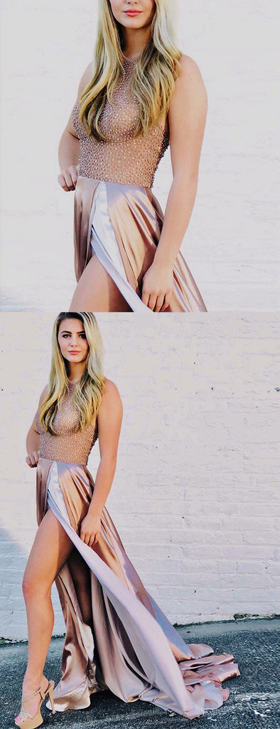 Dusty Pink Beading Elastic Satin Sleeveless Sexy Prom Dresses,PD00175