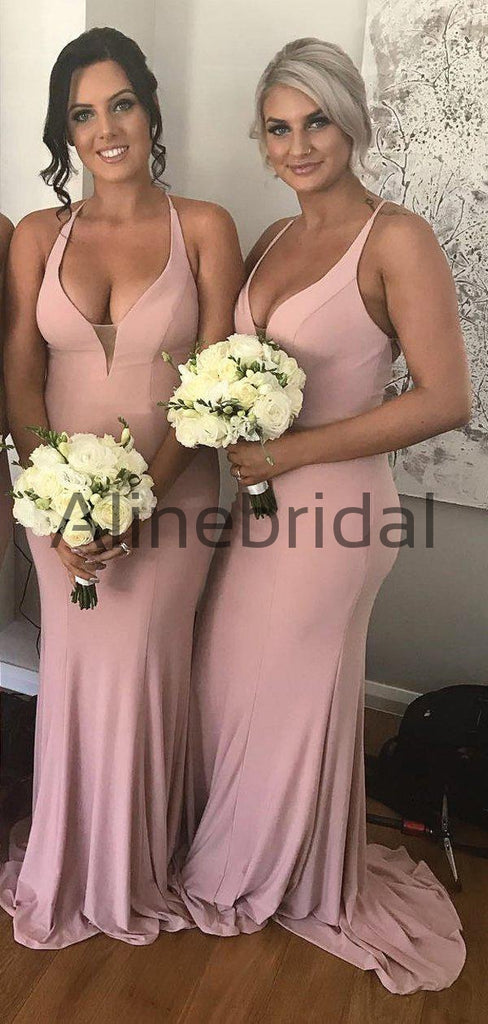 Dusty Pink Halter Mermaid Long Bridesmaid Dresses, AB4060