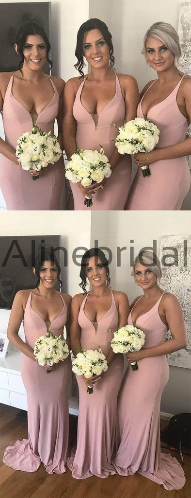Dusty Pink Halter Mermaid Long Bridesmaid Dresses, AB4060