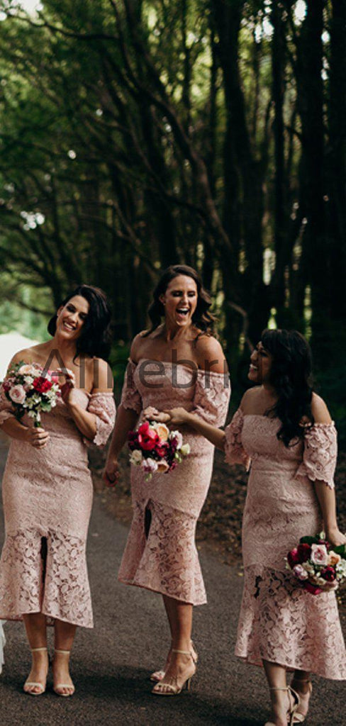 Dusty Pink Lace Off Shoulder Sheath Tea Length Bridesmaid Dresses , AB4123