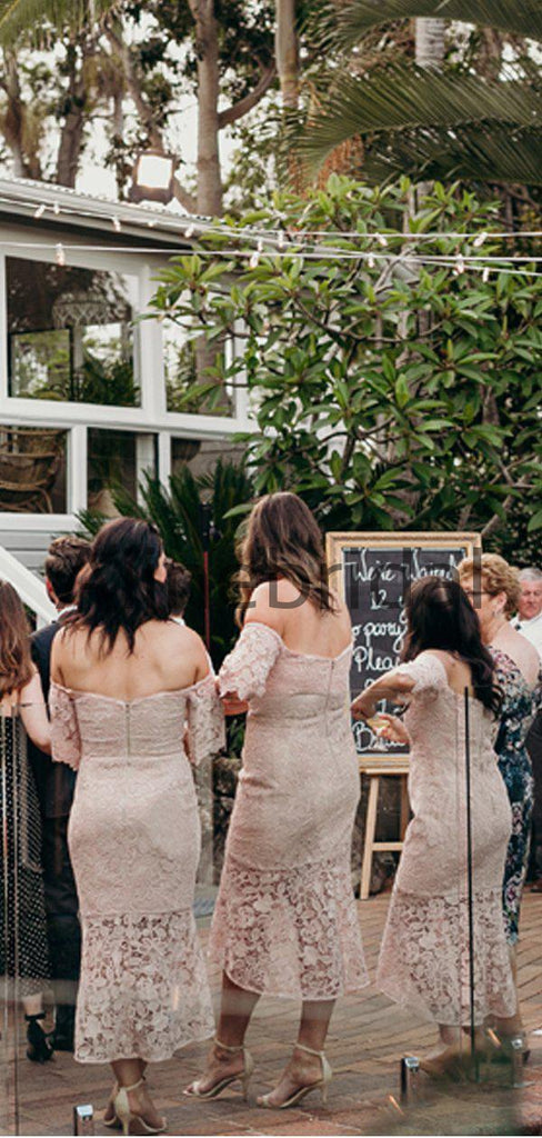 Dusty Pink Lace Off Shoulder Sheath Tea Length Bridesmaid Dresses , AB4123