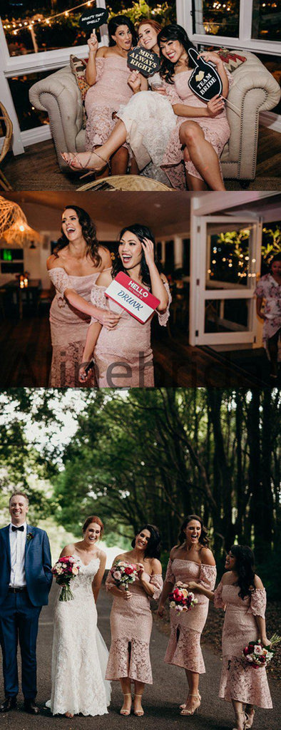 Dusty Pink Lace Off Shoulder Sheath Tea Length Bridesmaid Dresses , AB4123