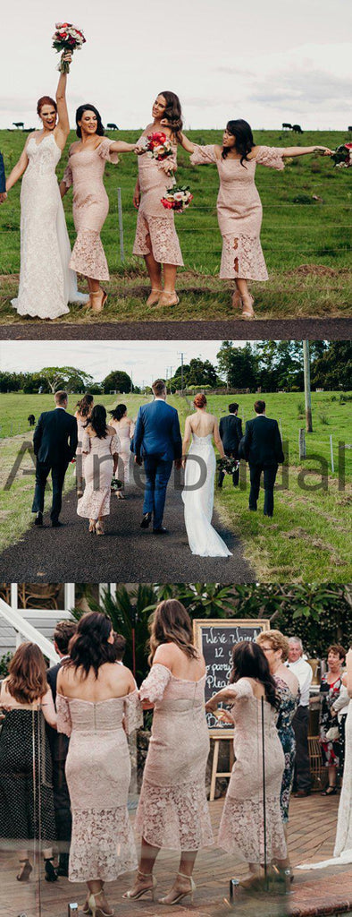 Dusty Pink Lace Off Shoulder Sheath Tea Length Bridesmaid Dresses , AB4123