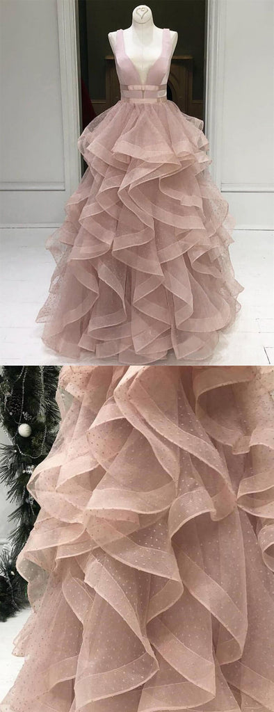 Dusty Pink Ruffles Ball Gown Sleeveless Prom Dresses ,PD00302