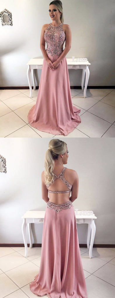 Dusty Rose Beading Rhinestone Open Back Prom Dresses,PD00211