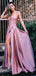 Dusty Rose Spaghetti Strap Slit A-line Simple Cheap Prom Dresses.PD00254