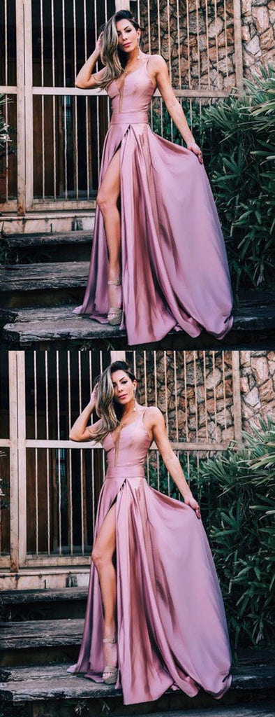 Dusty Rose Spaghetti Strap Slit A-line Simple Cheap Prom Dresses.PD00254