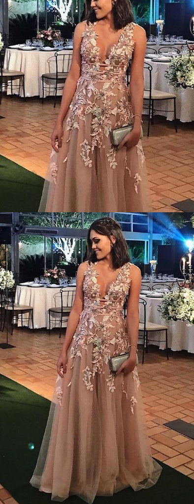 Elegant Applique Tulle Sleeveless V-neck A-line Prom Dresses,PD00191
