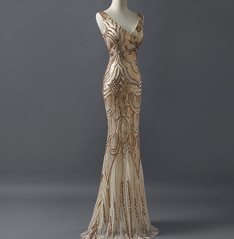 Fashion Charming Sparkly Golden Sequins Mermaid V-neck Formal Evening Party  Prom Dresses,PD00026