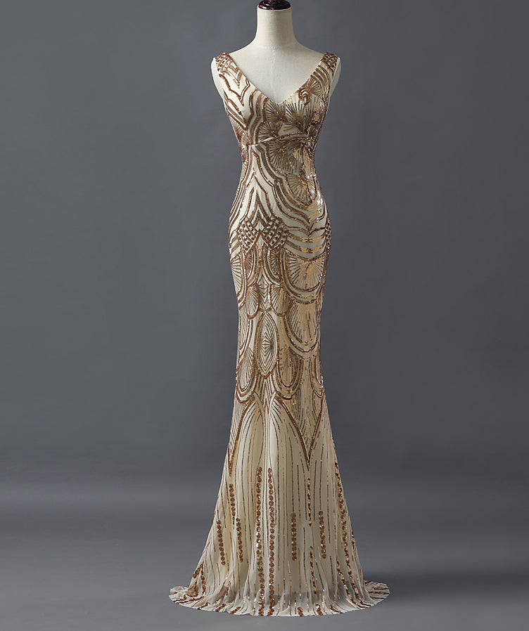 Fashion Charming Sparkly Golden Sequins Mermaid V-neck Formal Evening Party  Prom Dresses,PD00026