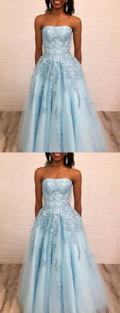 Fashion Pale Blue Tulle Lace Applique Strapless Prom Dresses,PD00367
