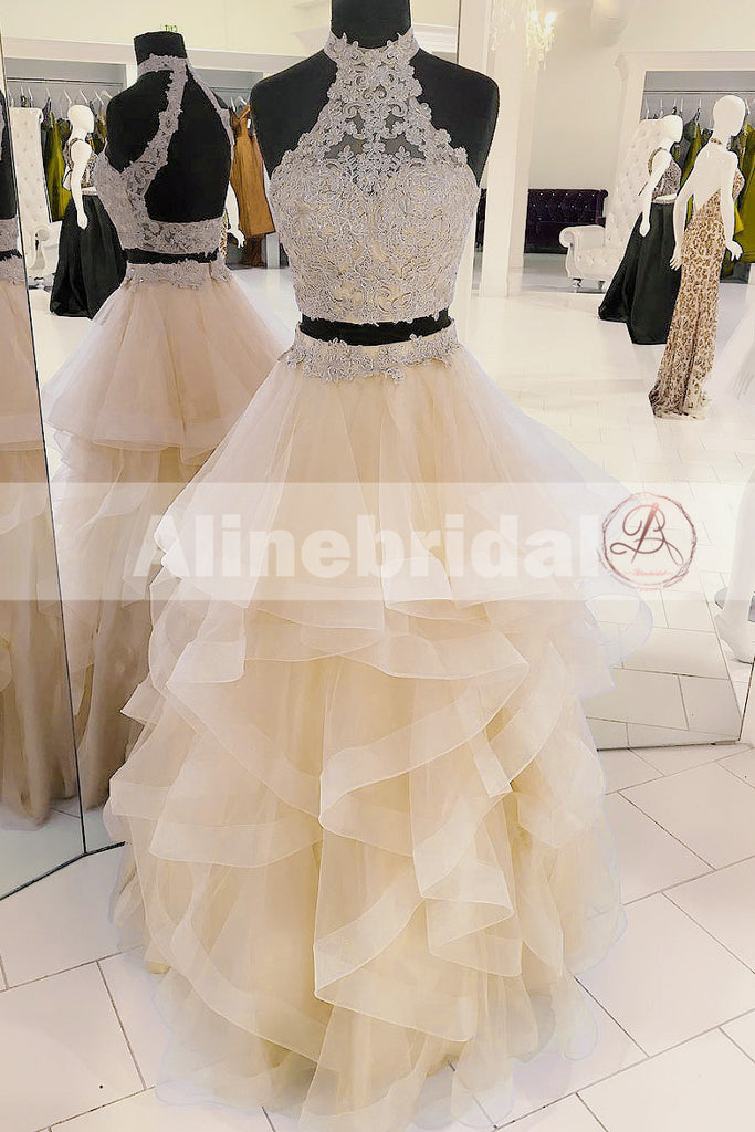 Fashion Two Piece Halter Lace High Neck Ruffles Skirt Prom Dresses For Teens ,PD00111