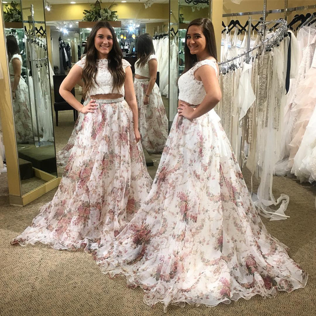 Fashion Two Piece  Lace Floral Prints Chiffon Cap Sleeve Prom Gown Dresses,PD0086