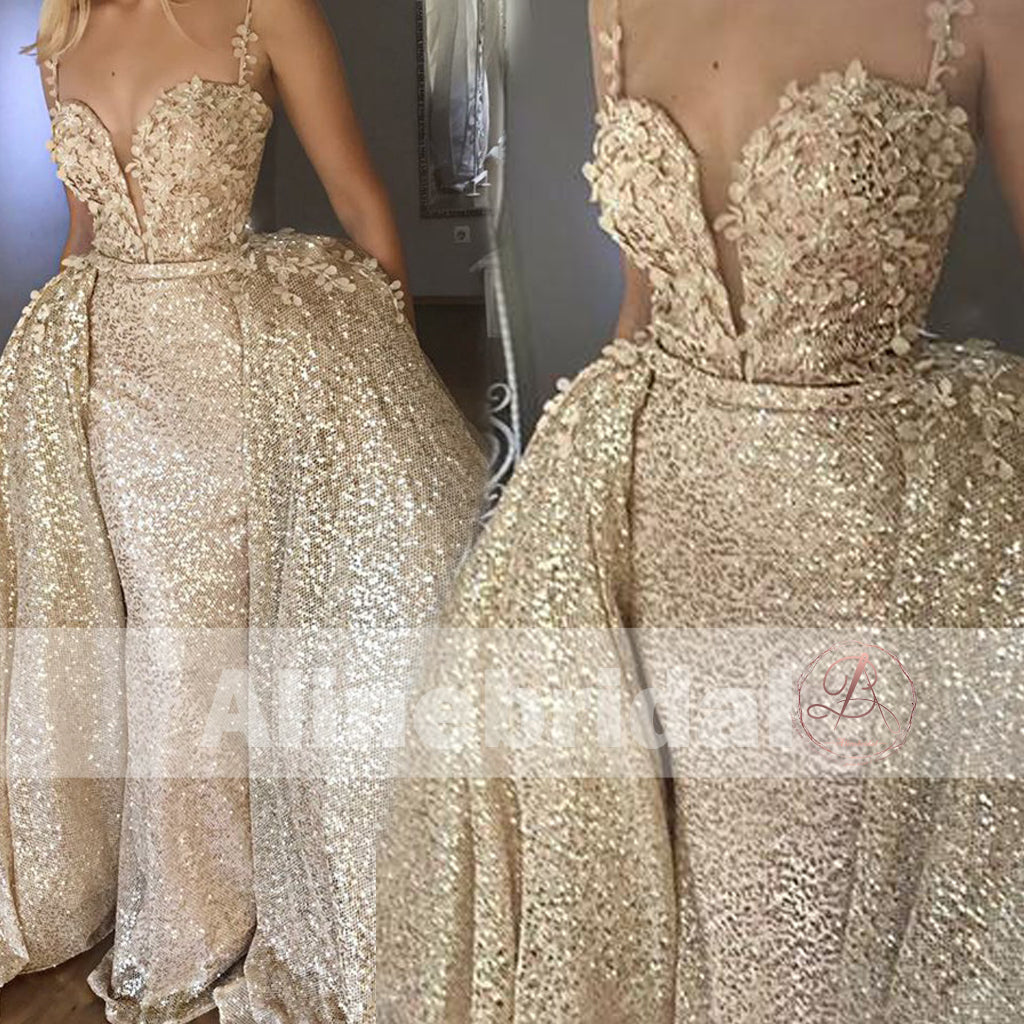 Gold Sequin Detachable Over-skirt Spaghetti Strap Bling Prom Dresses,PD00095