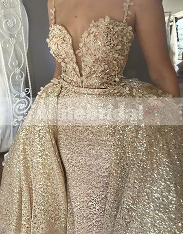 Gold Sequin Detachable Over-skirt Spaghetti Strap Bling Prom Dresses,PD00095