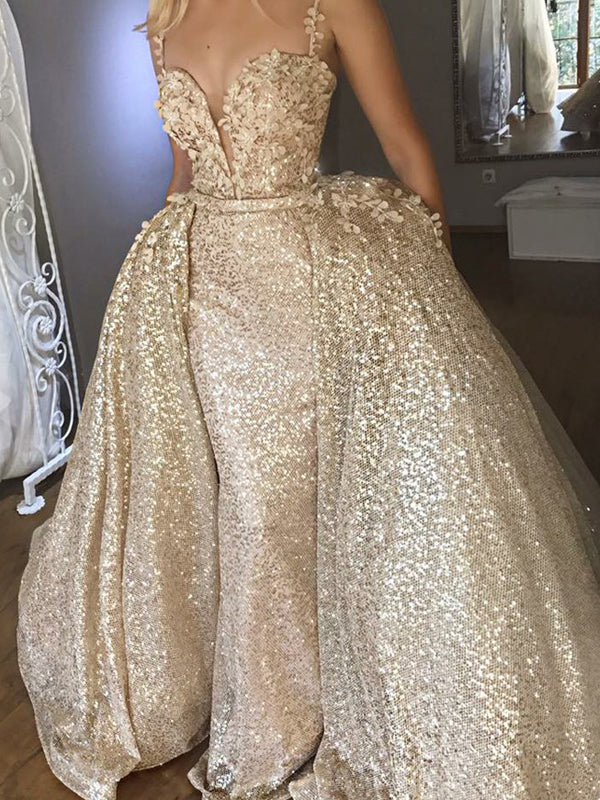 Gold Sequin Detachable Over-skirt Spaghetti Strap Bling Prom Dresses,PD00095