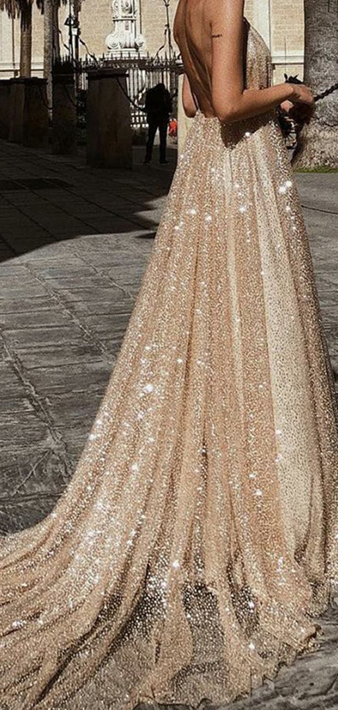 Gold Sequin Spaghetti Strap Backless Shiny Prom Dresses, PD00178