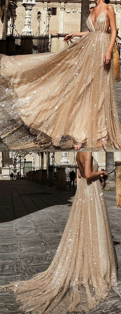 Gold Sequin Spaghetti Strap Backless Shiny Prom Dresses, PD00178