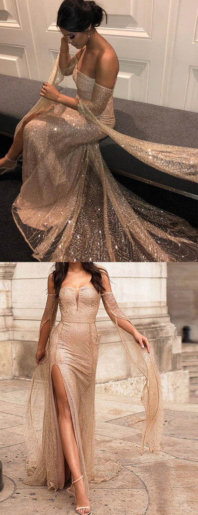 Gold Sequined Lace Off Shoulder Long Sleeve Sheath Prom Dresses, PD00352