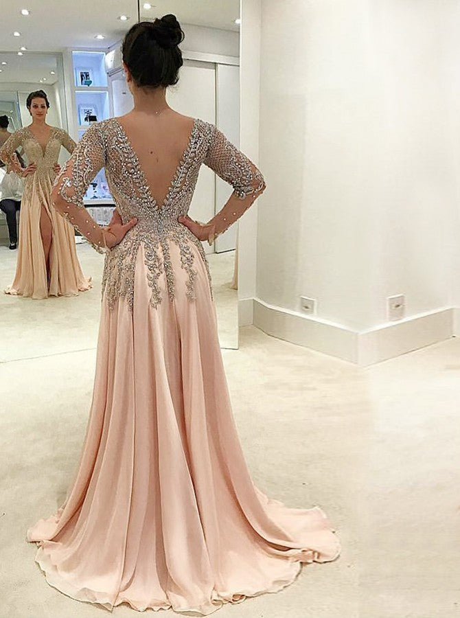 Gorgeous Beaded V-neck V-back Long Sleeve Split Prom Dresses,PD00071