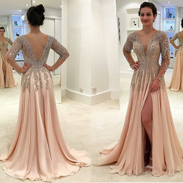 Gorgeous Beaded V-neck V-back Long Sleeve Split Prom Dresses,PD00071