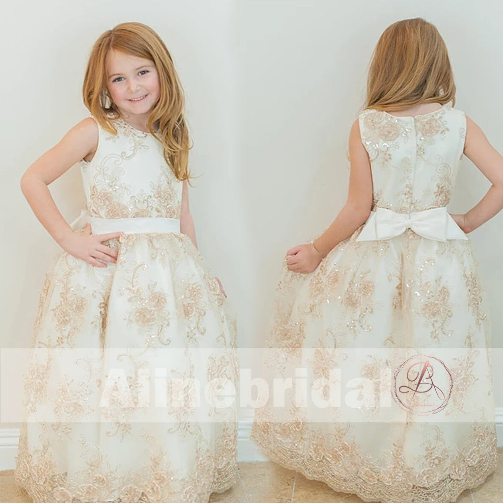 Gorgeous Lace With Sequins Sleeveless Long Flower Girl Dresses, FGS081