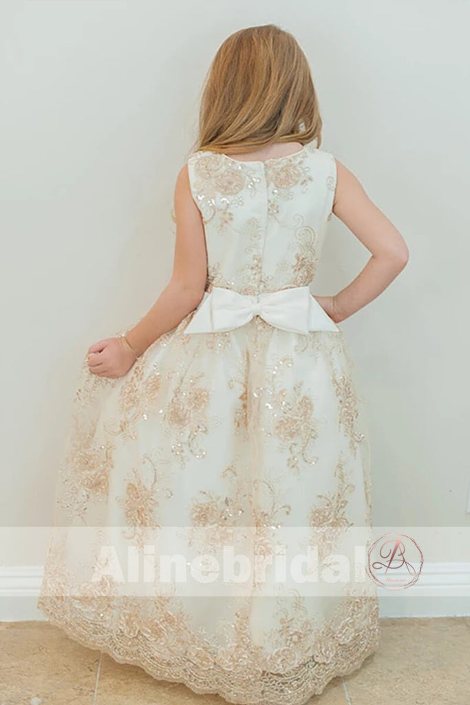 Gorgeous Lace With Sequins Sleeveless Long Flower Girl Dresses, FGS081
