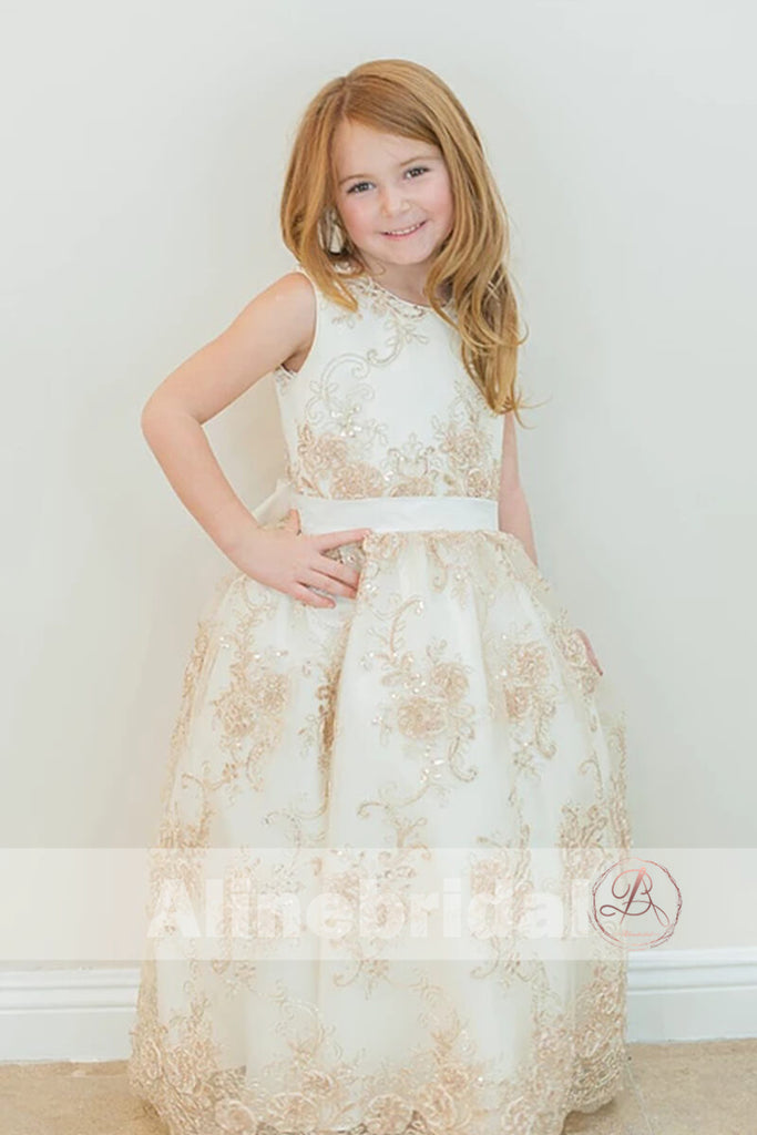 Gorgeous Lace With Sequins Sleeveless Long Flower Girl Dresses, FGS081