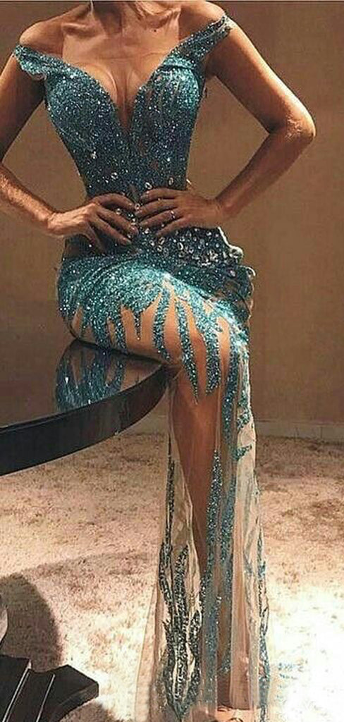 Sexy Blue Beadings Illusion Off Shoulder Prom Dresses, Evening Gown, PD00214