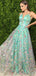 Green Satin Floral Embroidery Spaghetti Strap A-line Prom Dresses,PD00351