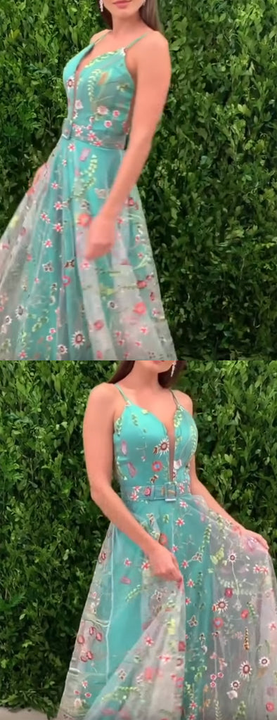 Green Satin Floral Embroidery Spaghetti Strap A-line Prom Dresses,PD00351