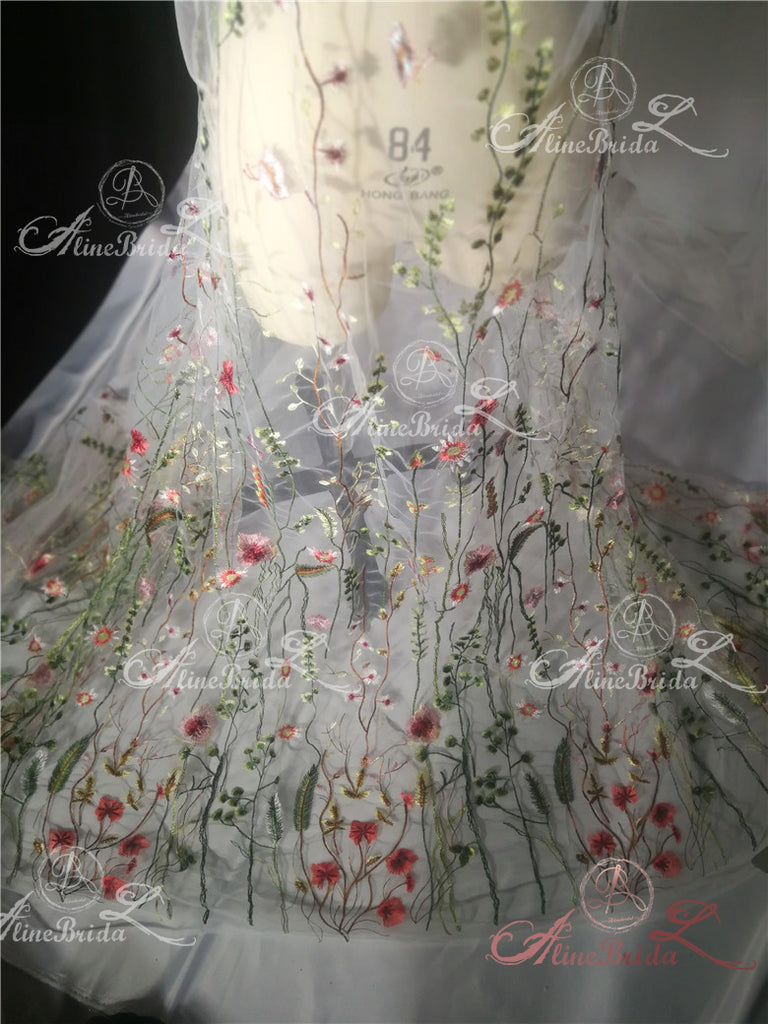 Green Satin Floral Embroidery Spaghetti Strap A-line Prom Dresses,PD00351