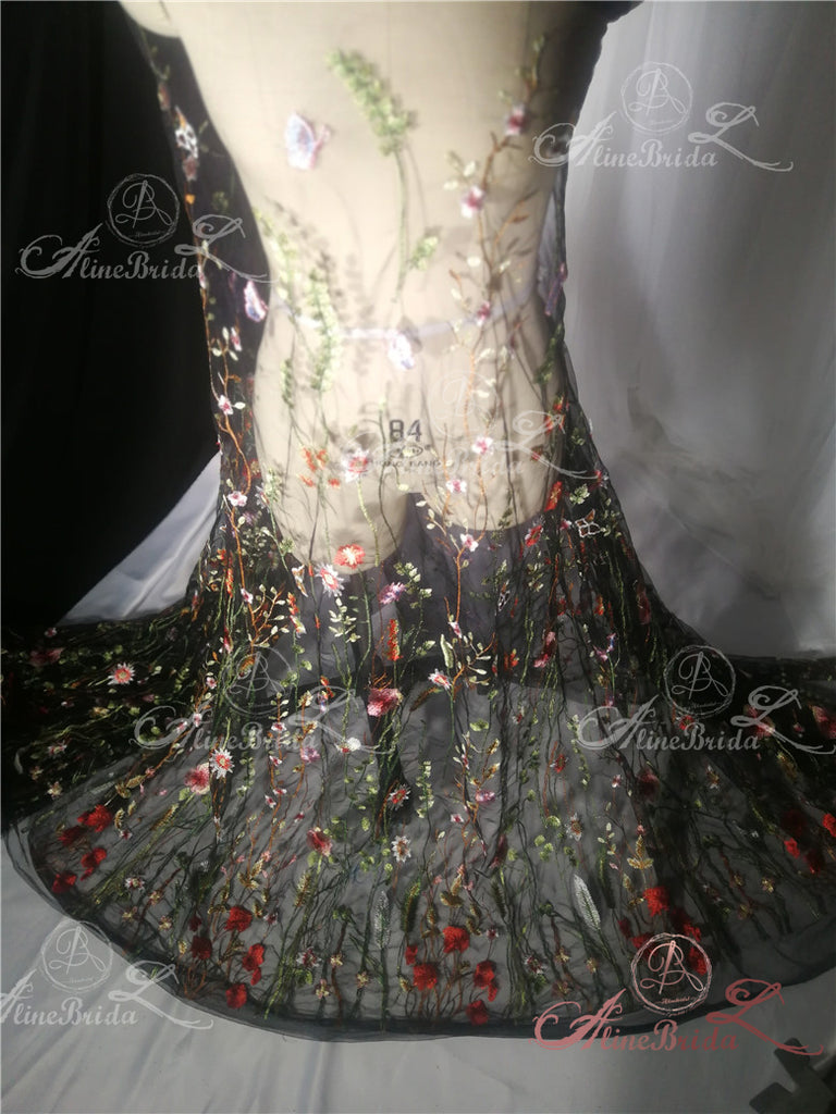 Green Satin Floral Embroidery Spaghetti Strap A-line Prom Dresses,PD00351