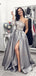 Grey Satin One Shoulder Applique Long Sleeve Prom Dresses  ,PD00144