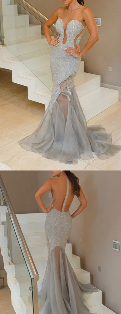 Grey Silver Chiffon Illusion Back Mermaid Prom Dresses,PD00311