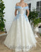 Elegant Off the Shoulder Corset A-line Long Prom Dress with Blue Floral Appliqué , PD3612