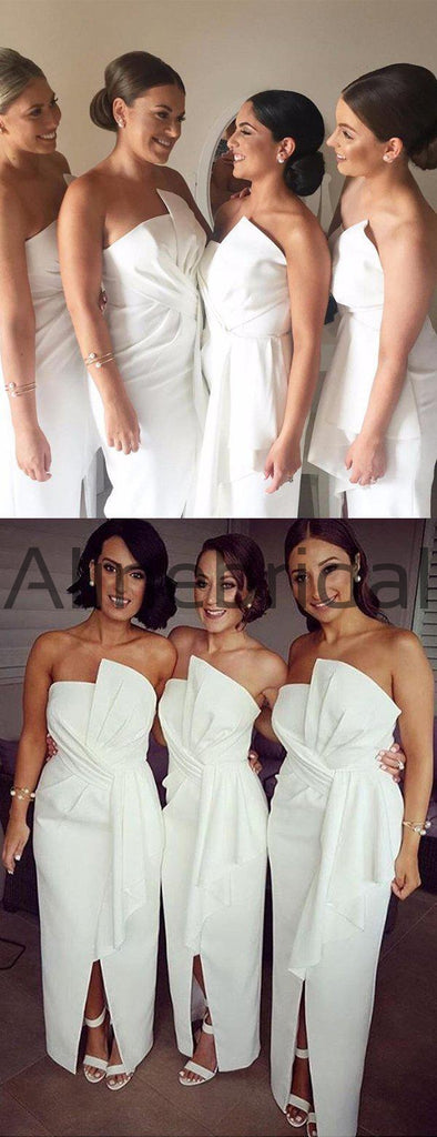 Ivory Silt Fashion Unique Strapless Ankle Length Sheath Bridesmaid Dresses , AB4033