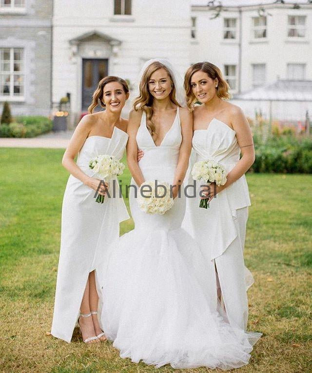 Ivory Silt Fashion Unique Strapless Ankle Length Sheath Bridesmaid Dresses , AB4033